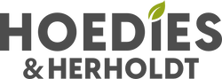 The logo for Hoedies & Herholdt, a dried fruit and nuts online store, featuring bold grey text on a dark background with a small green leaf accent over the letter i.
